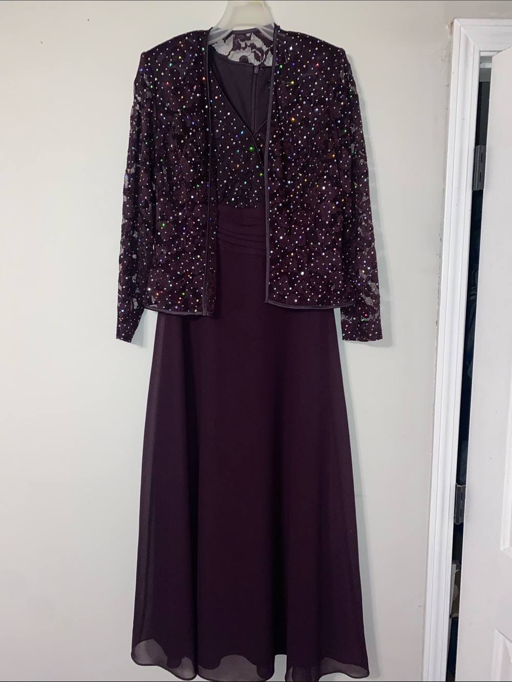 Embellished V-Neck Chiffon Maxi Dress in Plum with Lace Jacket